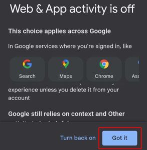 Web & App Activity is off