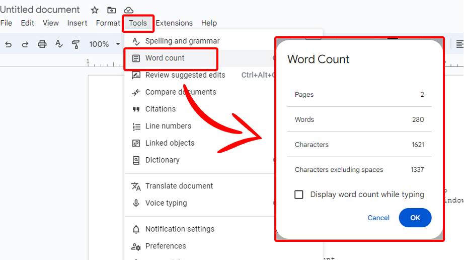 word count on Google Docs