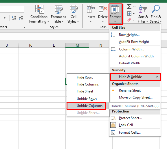 How to Unhide All Columns using the Format Tool