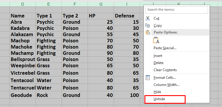 Unhide Column In Excel