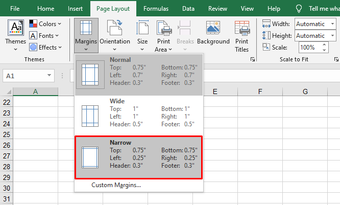 Applying Margins Feature to Stretch Excel Spreadsheet