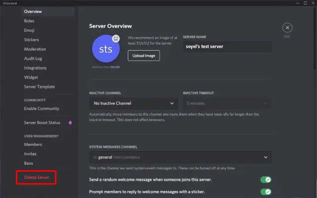 how to delete a discord server