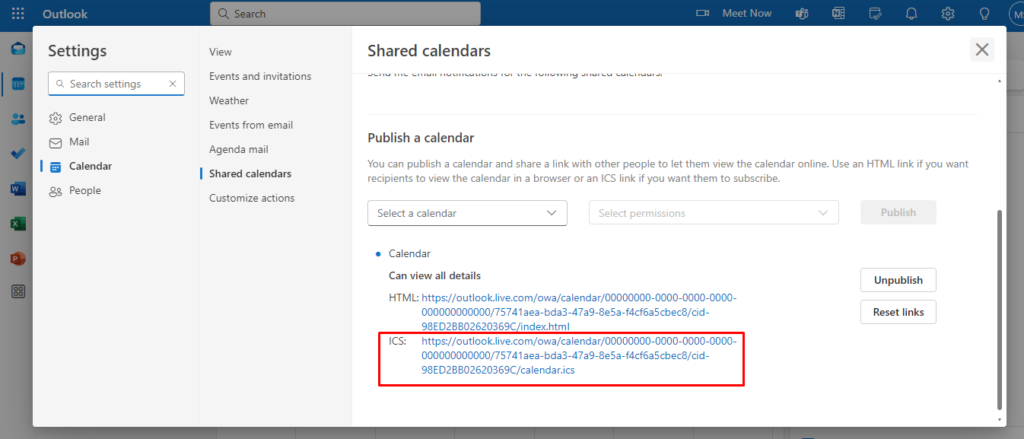 how to share an outlook calander