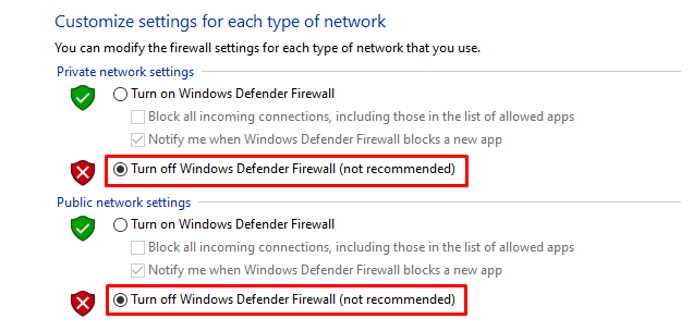 Turn off Windows Defender Firewall